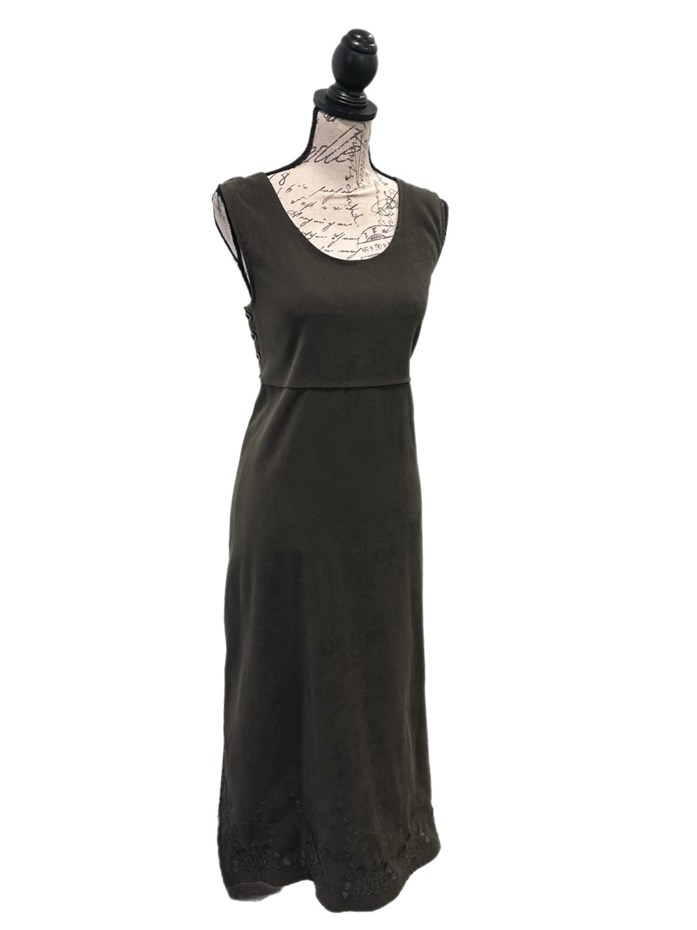 Vtg Mary McFadden Olive Green Floral Embroidered Maxi Dress Sz M EUC